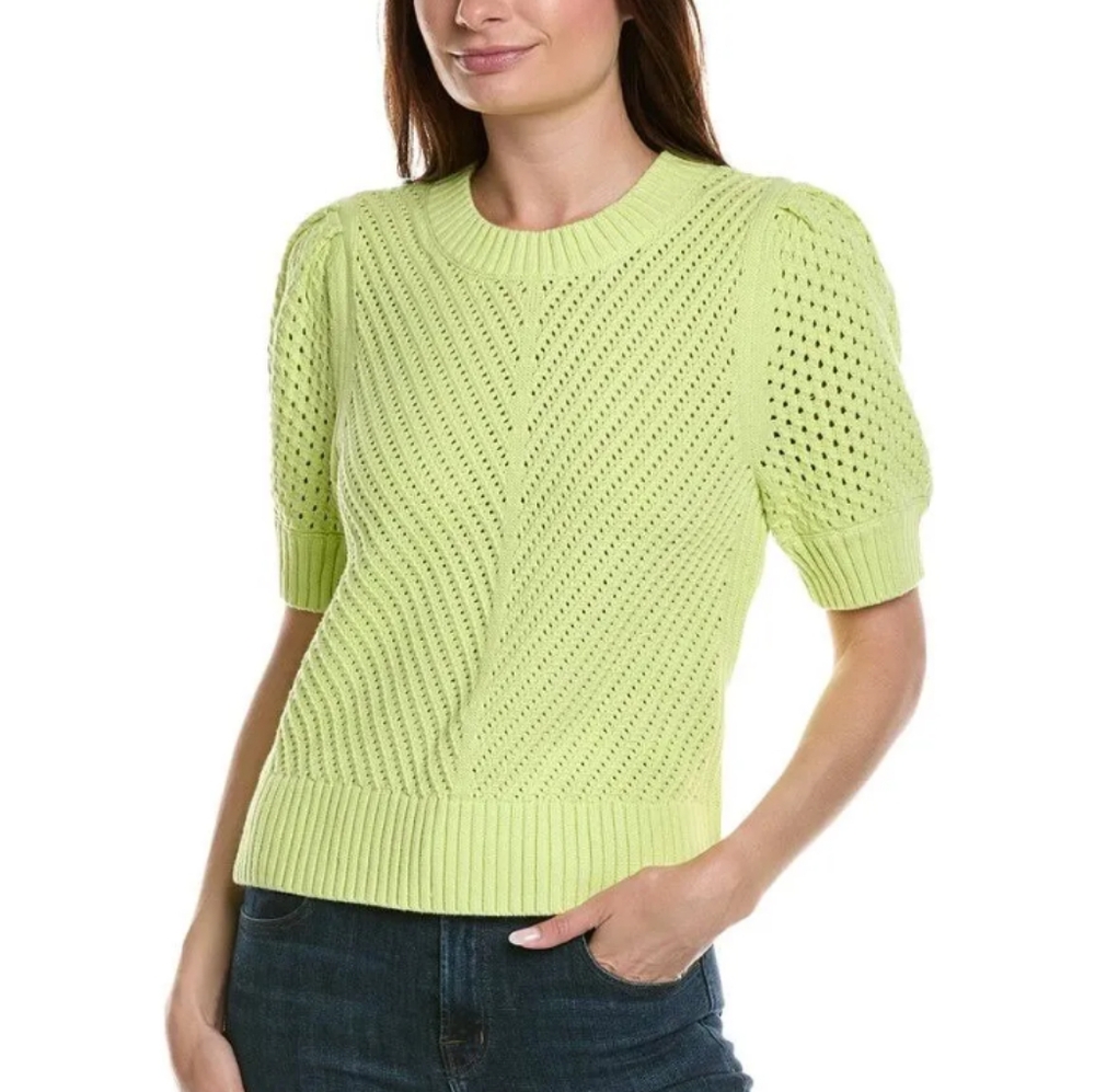 CAbi Lime Green Eyelet Knit Short Sleeve Sweater